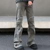 Retro Fashionable Distressed Bootcut Jeans Men's Clothing Wasteland Style Knee Patch Denim Pants High Street Casual Trousers New