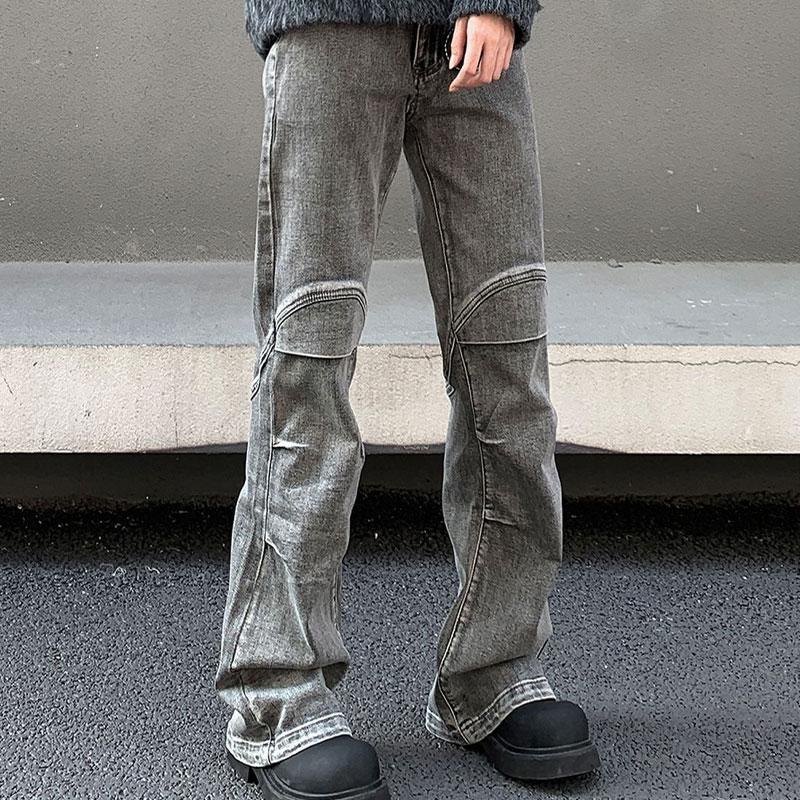 Retro Fashionable Distressed Bootcut Jeans Men's Clothing Wasteland Style Knee Patch Denim Pants High Street Casual Trousers New