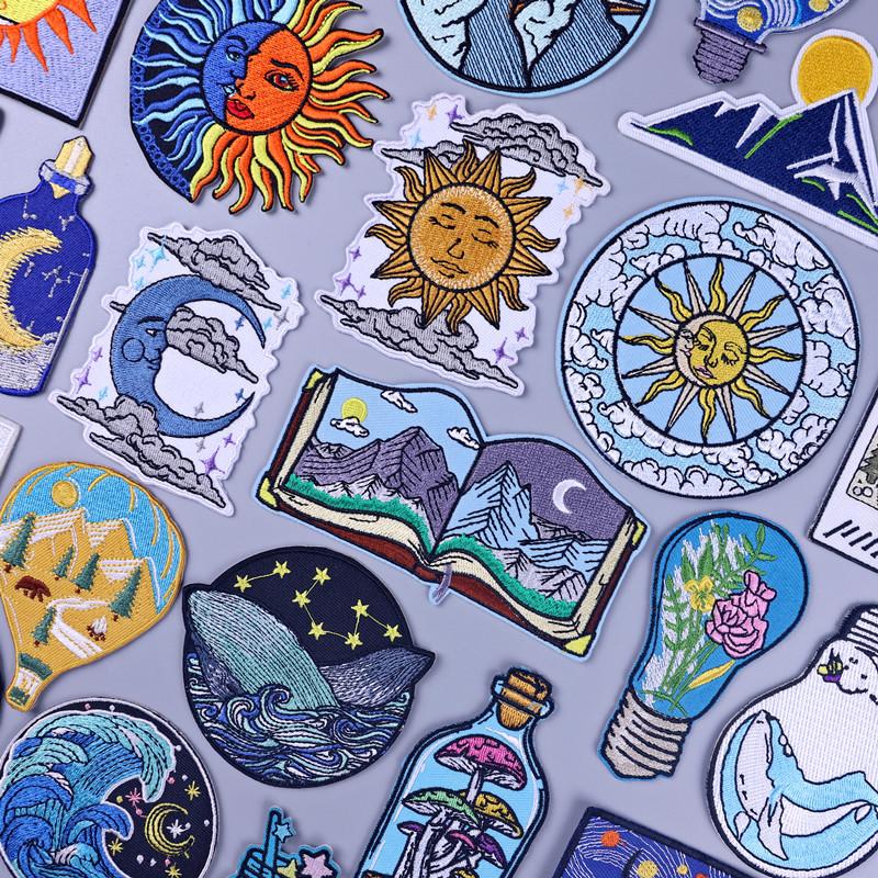 Outdoor Scenery Embroidered Patches for Clothing Thermoadhesive Sea Wave Patch Cloudy Rainy and Sunny Iron on Fusible Patch DIY