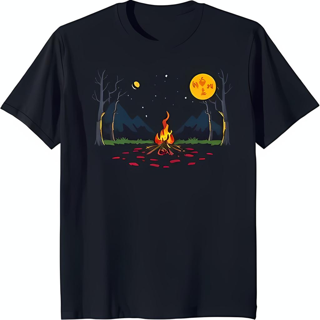 Cozy Campfire Scene Black TShirt With Vibrant Flames Starry Night Sky