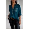 Women Casual Summer V-neck Sequin Blouse Loose Collar Mid-sleeve Printed Button Top Sun Protection Shirt with Pocket