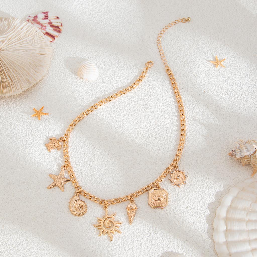 Salircon Sun Starfish Scallop Pendant Necklace for Women Vintage Conch Summer Beach Holidays Gold Color Chain Jewelry Gift