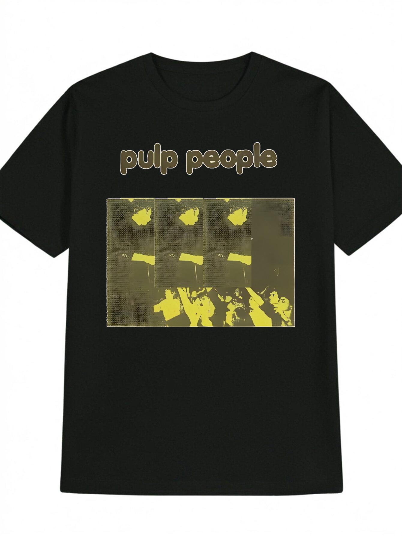 Casual Crew Neck T-shirt with Pulp People Stage Band Member Print - Black S