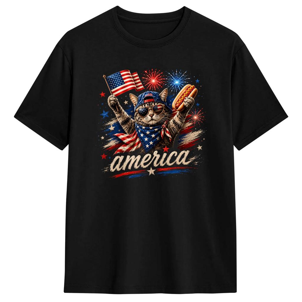 Unisex Retro Funny America Cat Hot Dog Lovers Patriotic US Flag TShirts Cotton Tops Summer Classic ShortSleeve T Shirt ONeck Tee