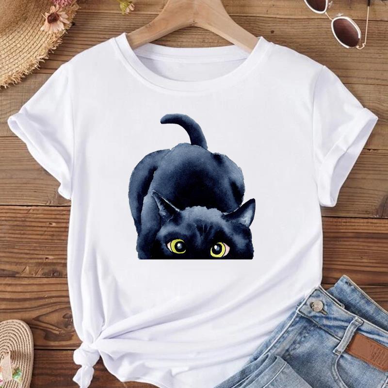 European Size T Shirt Women Cat Face Style Trend 90s Print Tee Top Fashion Female Clothing Short Sleeve Graphic T-shirts