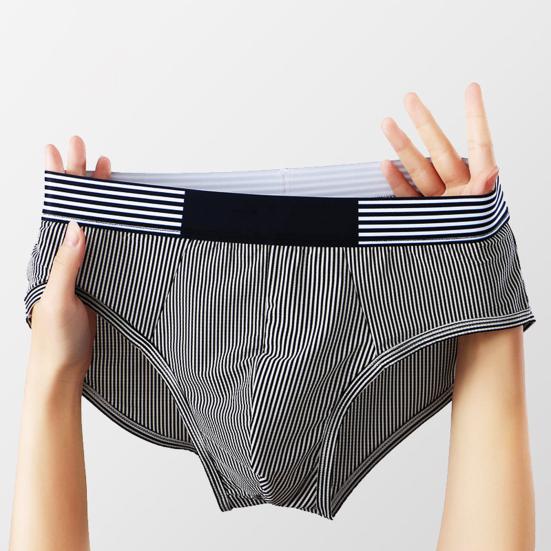 Men Briefs Mid-rise Elastic Waistband Slim Fit Panties Striped Print Patchwork Color U-Convex