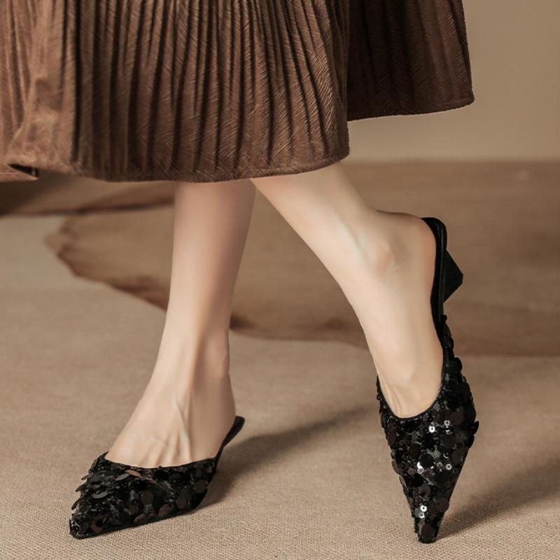 Beaded High-heeled Sandals Elegant Style Summer Pointed Toe Special-shaped Slippers for Women