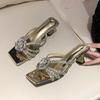 French rhinestone high-heeled slippers for women's wear 2025 new gentle temperament one-word stiletto open-toed square sandals