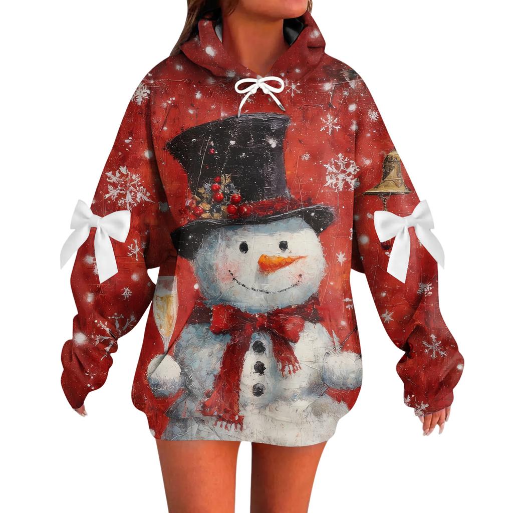 Ladies' Christmas Printed Bow Long Sleeved Loose Fitting Headband With Rope Hooded Sweatshirt Top