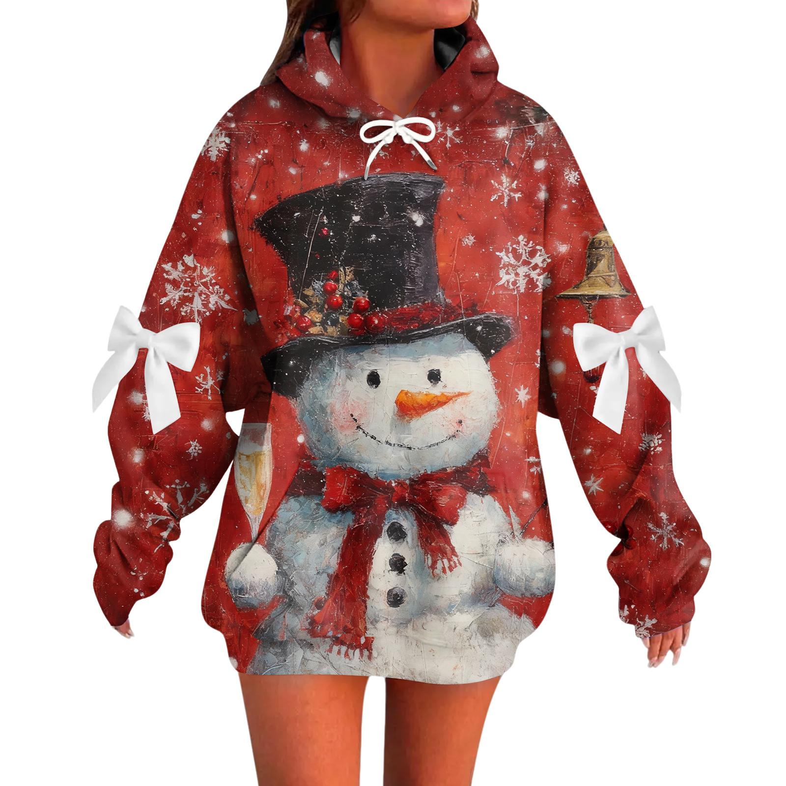 

Женский рождественский с принтом банта, с длинными рукавами, свободного кроя, повязка на голову с веревкой, худи-топ с капюшоном S винный