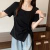 Irregular summer bottoming shirt large size women's short drawstring T-shirt short sleeve T-shirt round neck niche v-neck strap French