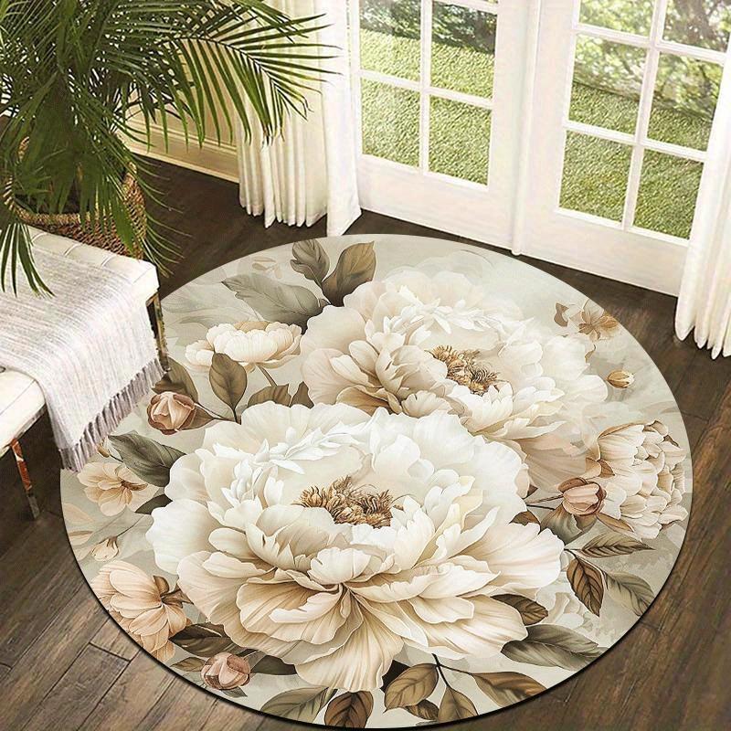 Elegant Peony Floral Round Rug Non-Slip Machine Washable Floor Mat 2D Flat Soft Area Rug for Living Room Bedroom Home Decor
