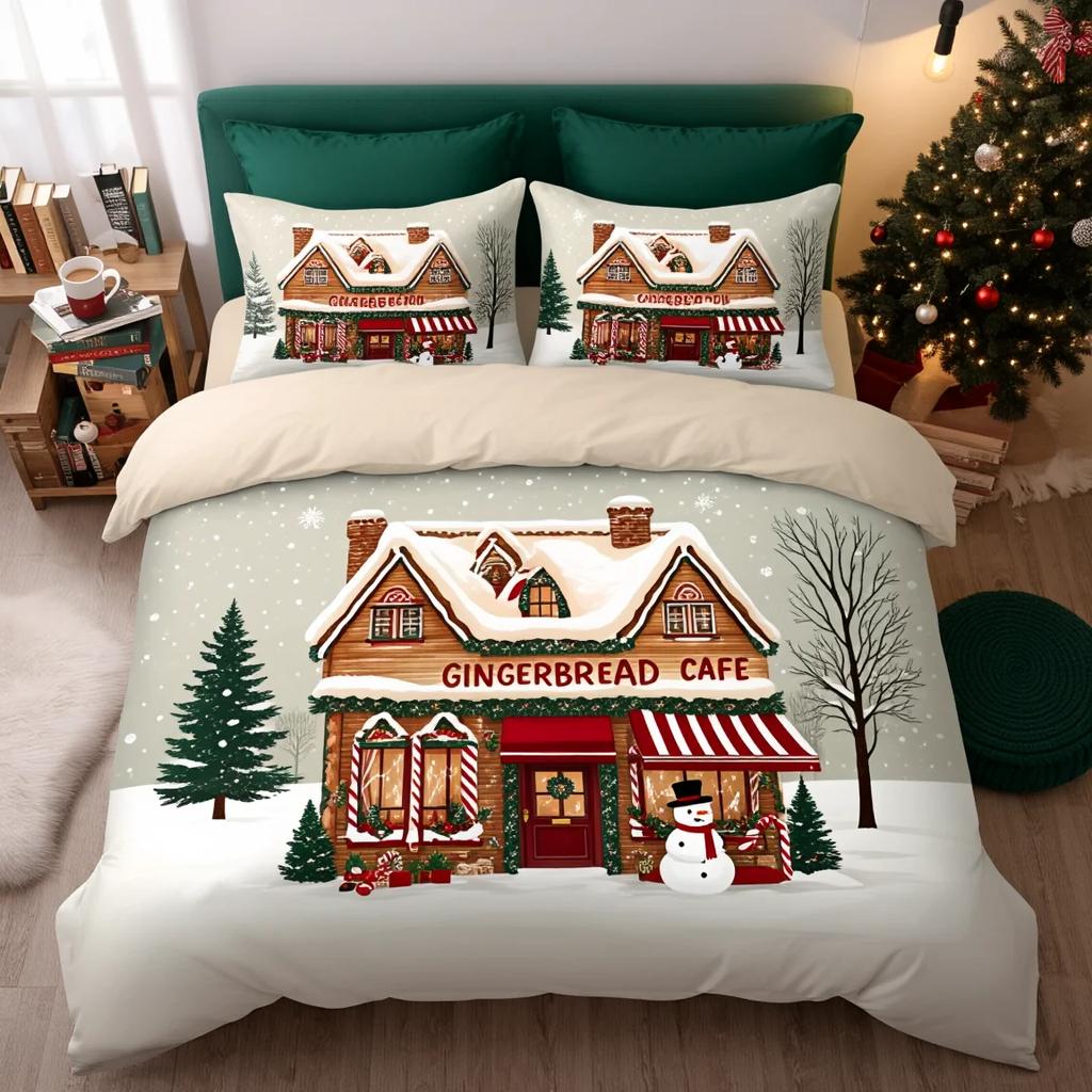 3Pcs Christmas Story Town Bedding Set Duvet Cover Warm Village Print Soft Polyester Queen Size Home Decor Holiday Gift