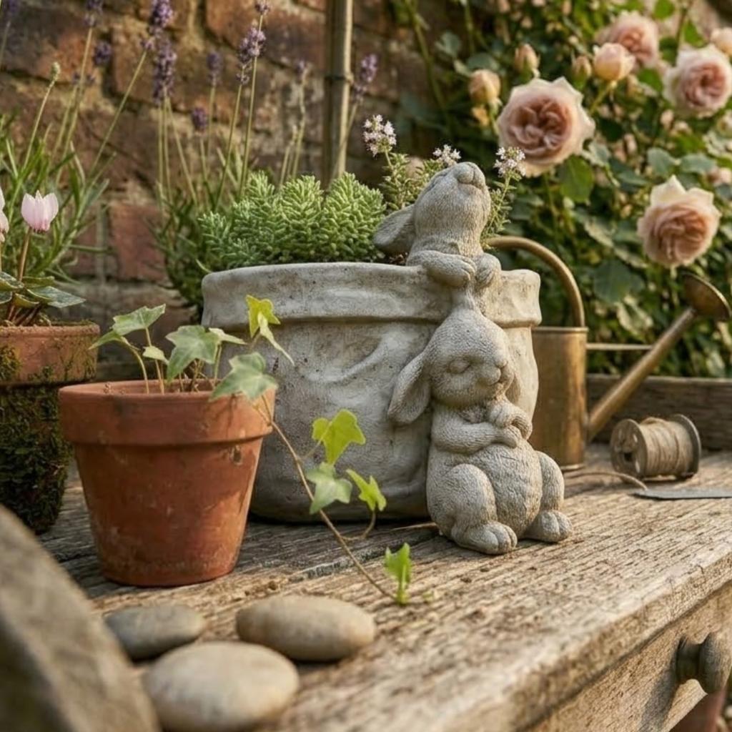 Bunny figurine with flowerpot cement vintage garden decoration