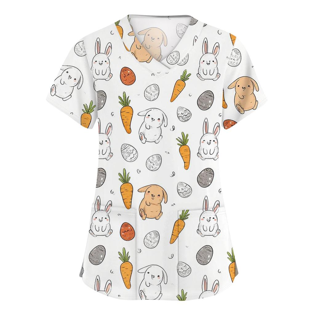 Women's Fashion V-neck Short Sleeve Workwear With Pockets Printed Tops