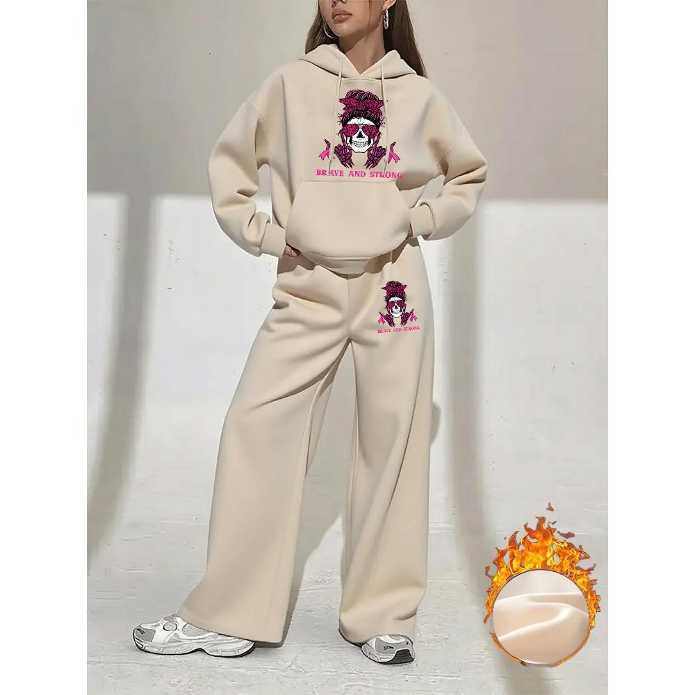 Women's Hoodie and Pants Two Piece Set with Printed Design for Autumn and Winter Wear Paired with Comfortable Hoodies and Wide Leg Pants