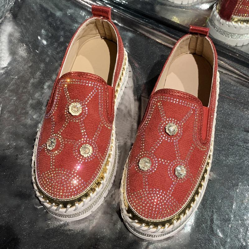Plus Size Rhinestone Shallow Mouth Loafers Women's Spring New Round Toe Deep Mouth Slip-on Platform Slip-ons