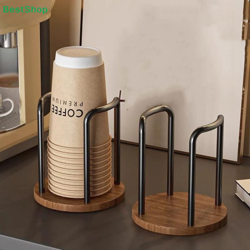 Wooden Base Paper Cup Dispenser, Metal Frame Disposable Cup Holder for Countertop