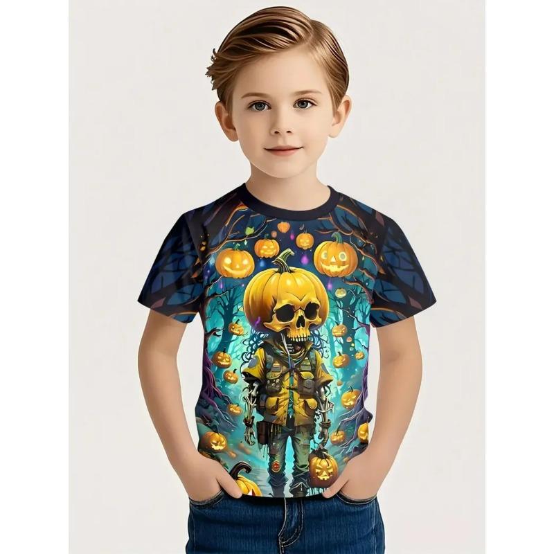 Round Neck 3D Pumpkin Printed Top Fashionable Short Sleeved Children's Boy T-shirts - Soft Medium Stretch Polyester Fabric Summer Relaxed Fit Clothing