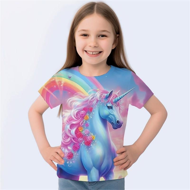 Children's Clothing Girl T-Shirt Short Sleeve Cartoon Horse 3D Print Kids Summer Clothes Casual Cute Round Neck Girl Clothes Top