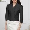 ZANZEA Women Casual V-Neck 3/4 Sleeve Elegant Satin Blouse