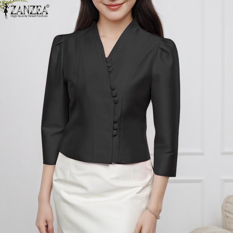 ZANZEA Women Casual V-Neck 3/4 Sleeve Elegant Satin Blouse