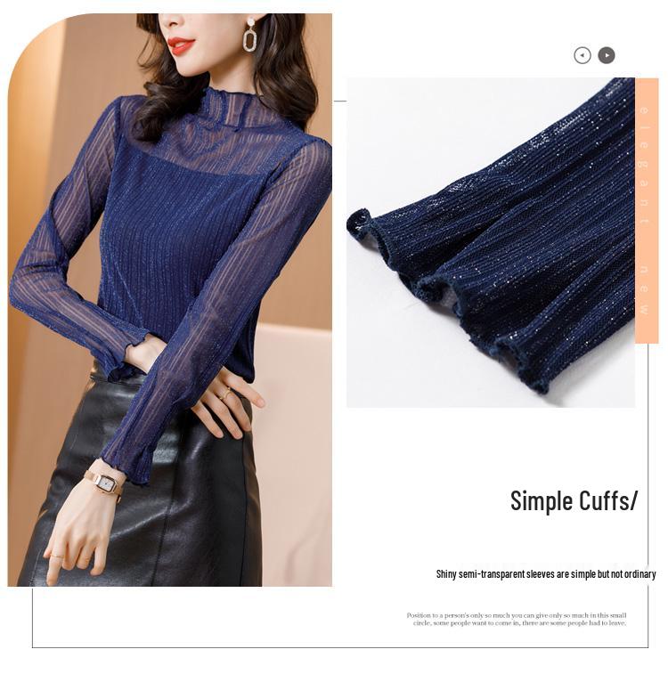 Women's High Neck Mesh Lace Base Layer: Fleece-Lined Long Sleeve Fashionable Innerwear for Autumn/Winter.