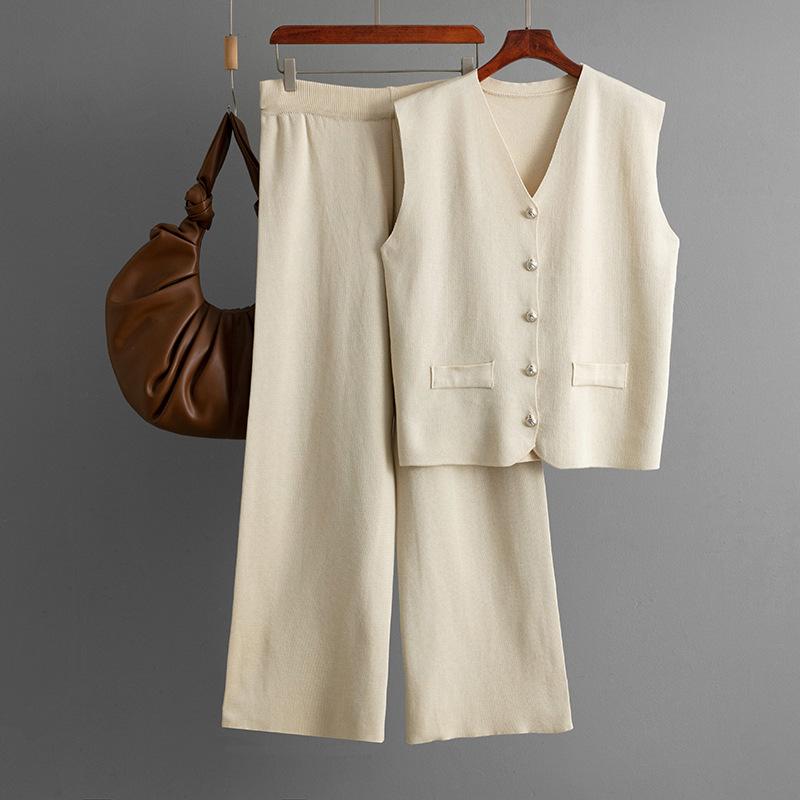 Sleeveless Fashion Set Summer Solid Color Knitted Tank Top Wide Leg Pants Two Piece Set For Women