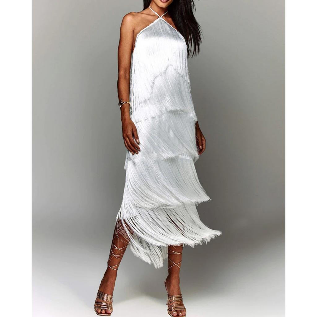 European American Fashion Halter Backless Slit Tassel Maxi Dress for Women