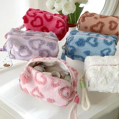Plush Makeup Bags With Handle Soft Travel Cosmetic Storage Bag Portable Love Print Organizer Pencil Case Cute Clutch Pouch