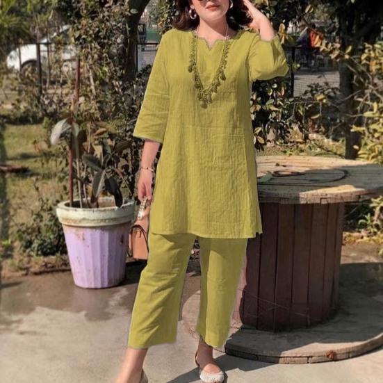 1 Set Damen Outfit V-Ausschnitt Elastische Taille Ethnischer Stil 46085 Ärmel Schweißabsorption Tägliche Kleidung Einfarbige Damen Sommer T-Shirt