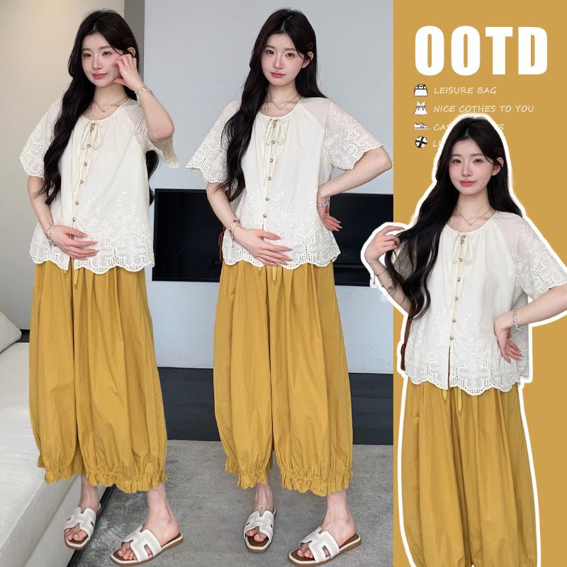 Korean Style Maternity Summer 2026: Lace Top & Tulip Wide-Leg Pants Set M