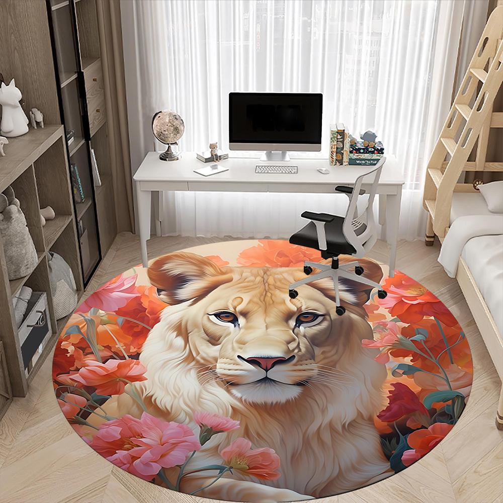 1pc Lion Floral Print Carpet for Office Non-Slip, Round Carpet, Soft & Comfortable, Carpet for Office, Lightweight Round Floor Mat