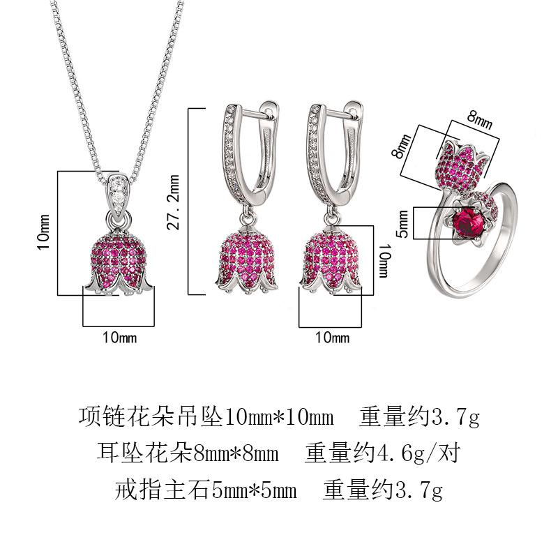 2025 New Set Of Jewelry Necklace Earrings Ring Inlaid Ruby Rose Women's Fashion Simple