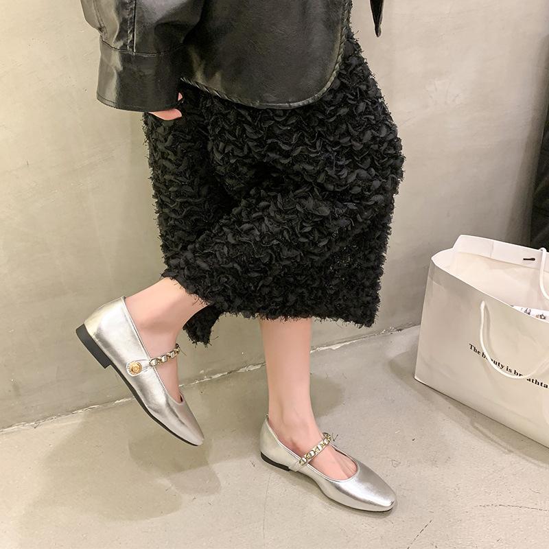 French Retro Chain Mary Jane Shoes for Women Spring Temperament Shallow Square Toe Single Strap Flat Shoes