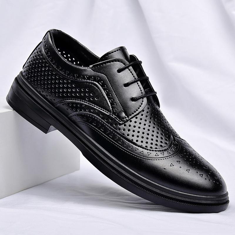 Summer new leather shoes men's high-end business casual shoes dress hollow breathable men's leather shoes men's invisible height increase