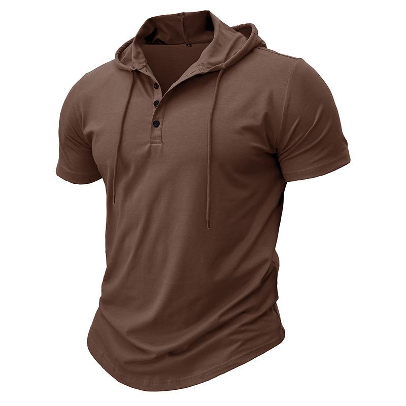 Men Green Short Sleeve Hooded Henley Neck Drawstring Casual Summer T Shirt