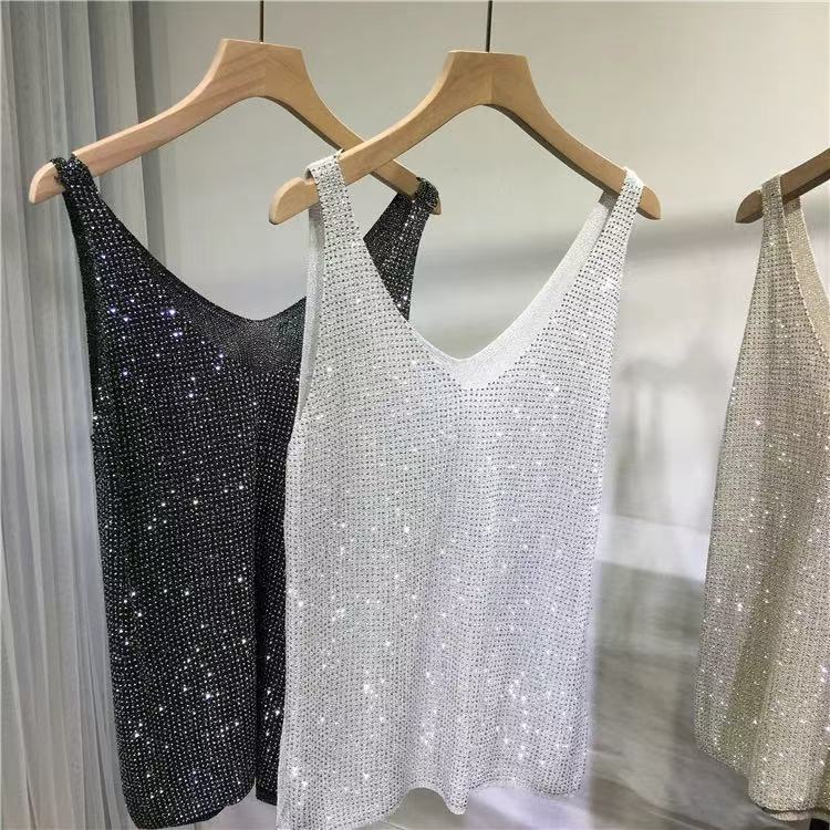 Spicy Girl Hot Diamond Collar Knitted Strap Top Women's Full Diamond Sparkling Unique Loose Western Style Versatile Top