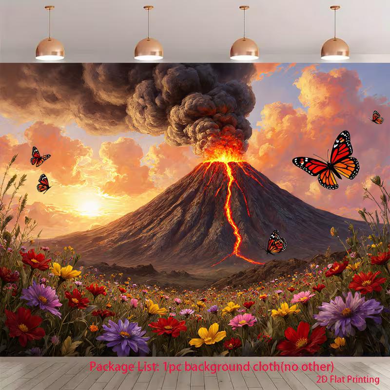 2D Volcano Lava Flow with Flowers Photography Background 47.2x31.5inch/120*80cm