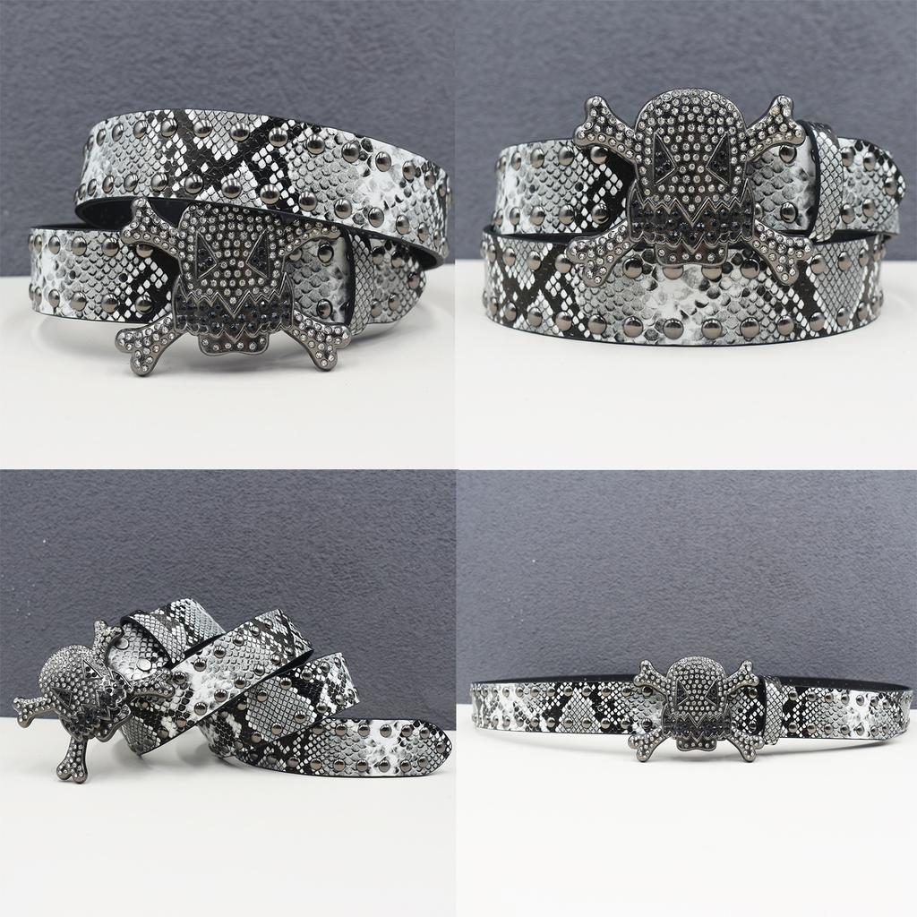 American Rhinestone Skull Belt Rivet Punk Decoration Men and Women Belt Abi Decorative Python Pattern Belt
