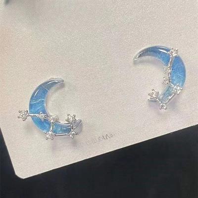 Korean Simple Blue Star Moon Stud Earrings for Women Exquisite Shiny Zircon Asymmetric Tassel Earrings Party Jewelry
