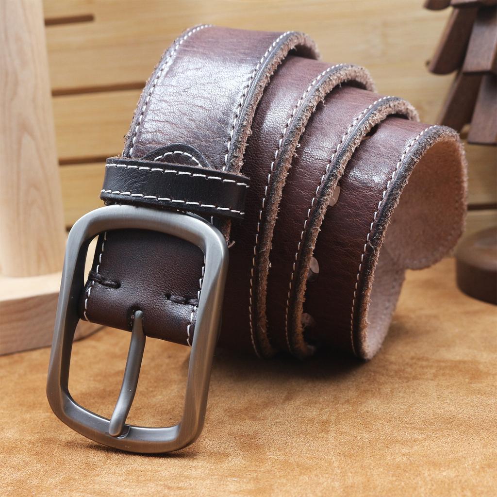 Top Layer of Tree Cream Bark Cowhide Belt Retro Vegetable Tanned Pure Cowhide Pin Buckle Men's Genuine Leather Belt