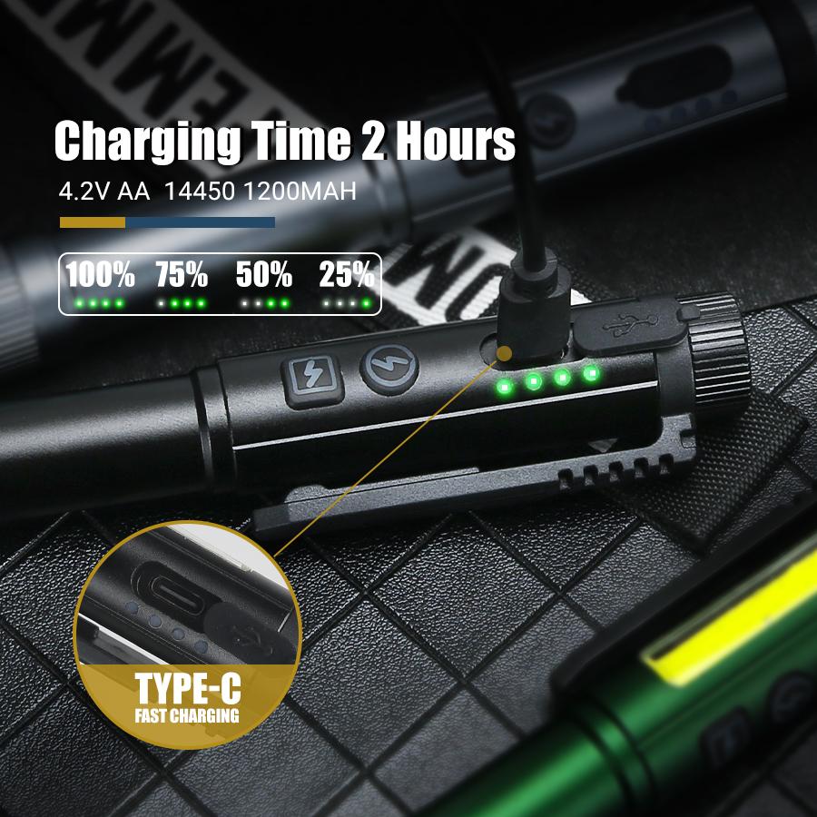 Type-c Rechargeable Mini LED Flashlights Pocket Clip Penlight COB Red And Green Flashes Dual Magnetic Design Waterproof Torch