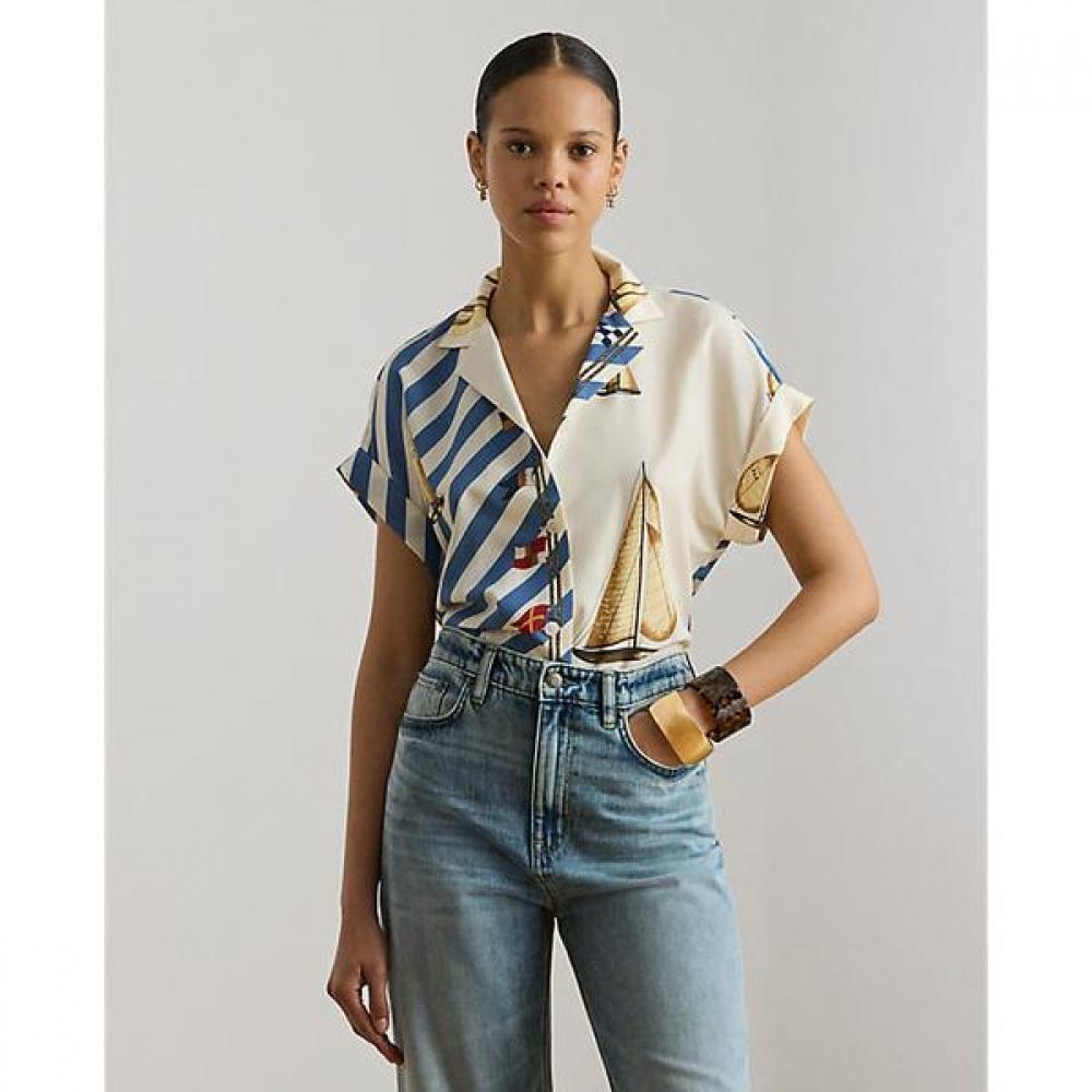 Lauren Ralph Lauren Stripe Sailboat Print Crepe Camp Shirt  Wmlrshtsn820144100 XS
