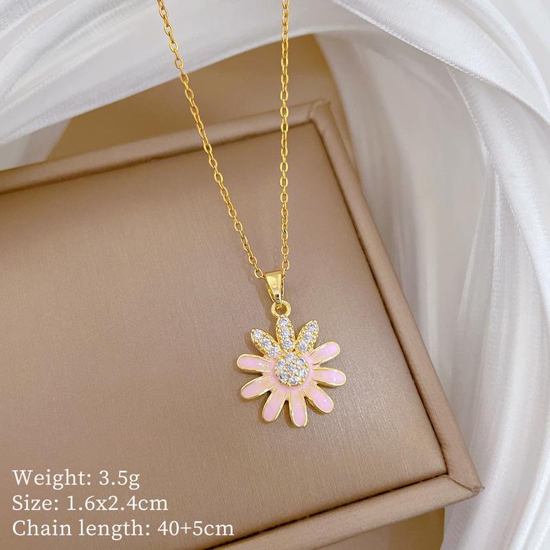 Titanium Steel, Round Flower Pearl Light Luxury Temperament Gorgeous Full Diamond Necklace Women'S Versatile Collarbone Chain Titanium Steel Chain