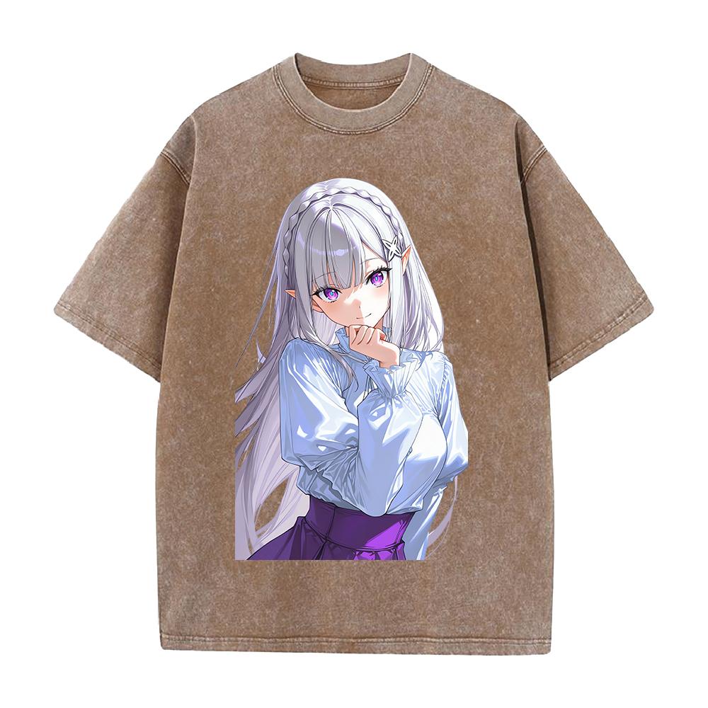 Hot Anime Re ZERO Emilia Kawaii Print T-shirt Men Women Short Sleeve Clothing Cotton Tshirt Retro Washed T Shirt Male Manga Tops