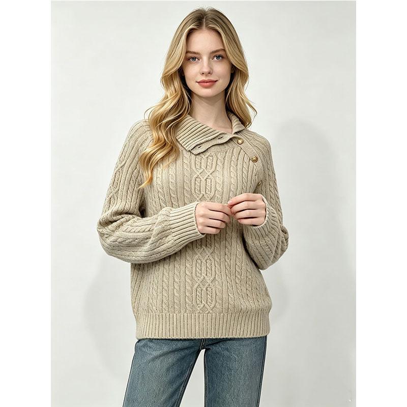 Women S Loose Fit Cable Knit Pullover Sweater With Turn Down Collar
