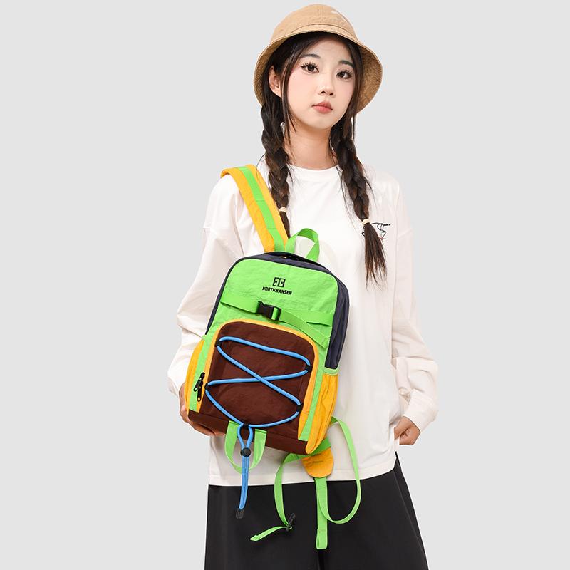 Colorblock Sport Backpack with Front Bungee Cord Buckle Strap Casual Lightweight Daypack for Outdoor Travel