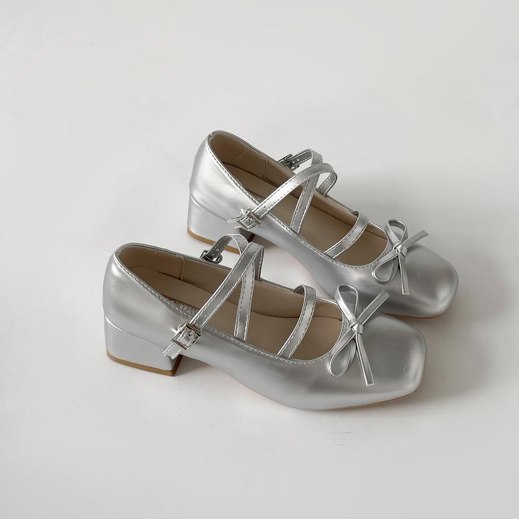 Silver French square head thick high heel light mouth single shoes women's summer 2025 new soft sole with skirt ballet Mary Jane shoes
