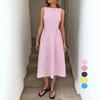 Damen Bootausschnitt Ärmellos Gestreiftes Midi-Kleid Mittlere Taille A-Linie Lässiges Schwingkleid